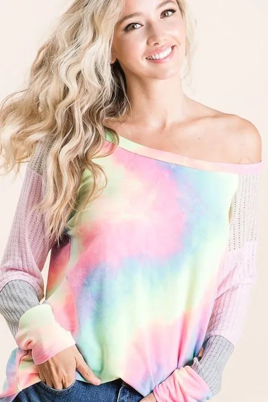 BiBi Tie Dye Terry Top with Color Block Pointelle Knit - Bitsy Gypsy Boutique