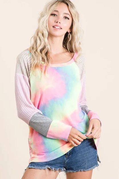 BiBi Tie Dye Terry Top with Color Block Pointelle Knit - Bitsy Gypsy Boutique