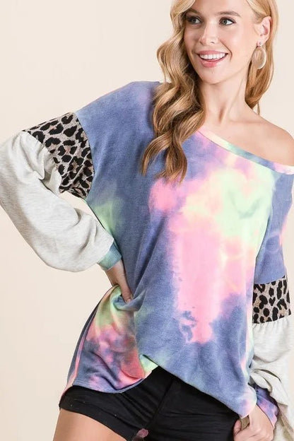 BiBi Tie Dye Terry Top with Contrast Puff Sleeves - Bitsy Gypsy Boutique