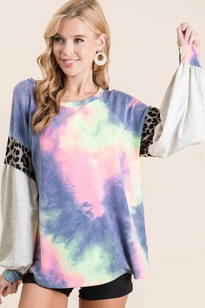 BiBi Tie Dye Terry Top with Contrast Puff Sleeves - Bitsy Gypsy Boutique