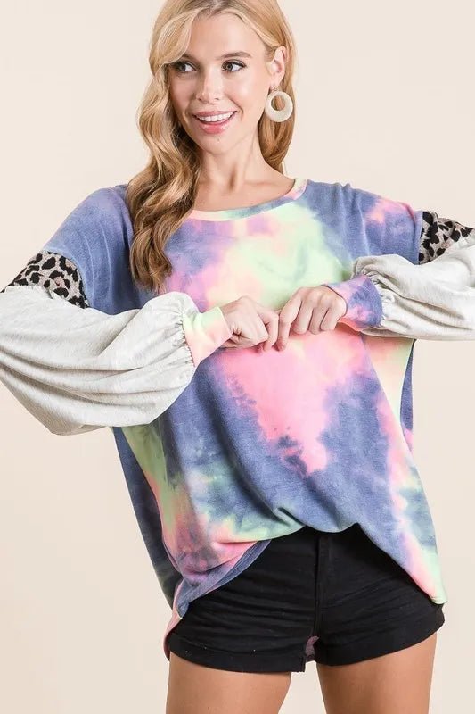 BiBi Tie Dye Terry Top with Contrast Puff Sleeves - Bitsy Gypsy Boutique