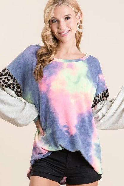 BiBi Tie Dye Terry Top with Contrast Puff Sleeves - Bitsy Gypsy Boutique