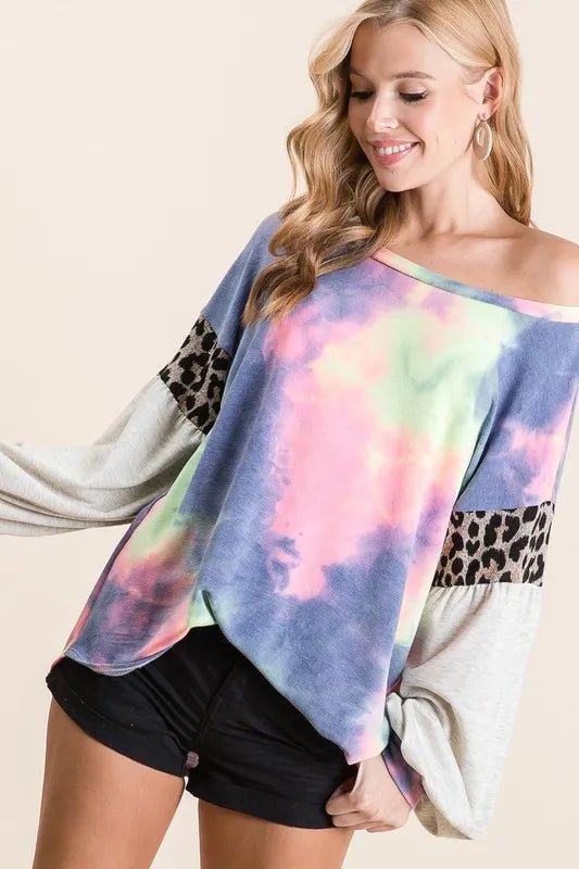 BiBi Tie Dye Terry Top with Contrast Puff Sleeves - Bitsy Gypsy Boutique
