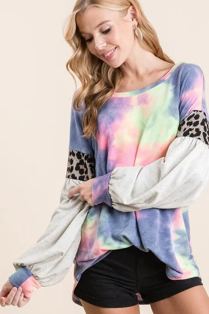 BiBi Tie Dye Terry Top with Contrast Puff Sleeves - Bitsy Gypsy Boutique