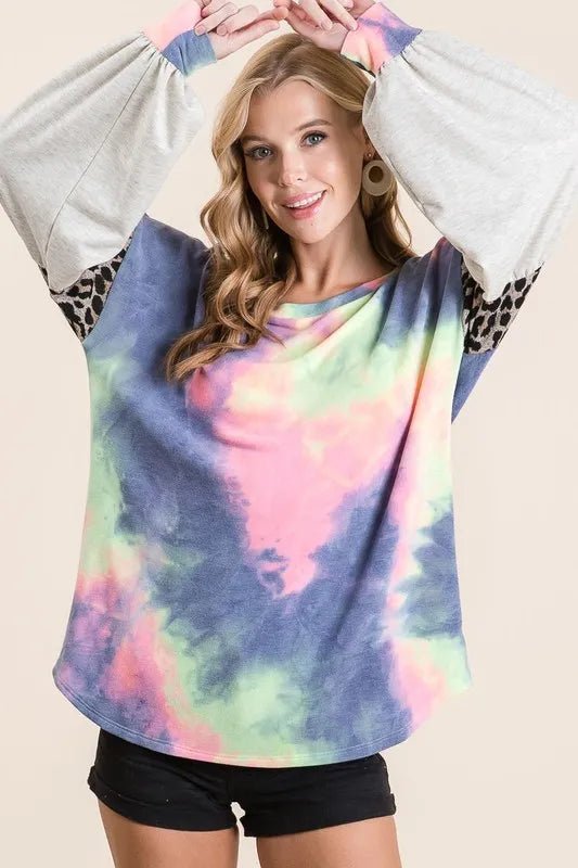 BiBi Tie Dye Terry Top with Contrast Puff Sleeves - Bitsy Gypsy Boutique