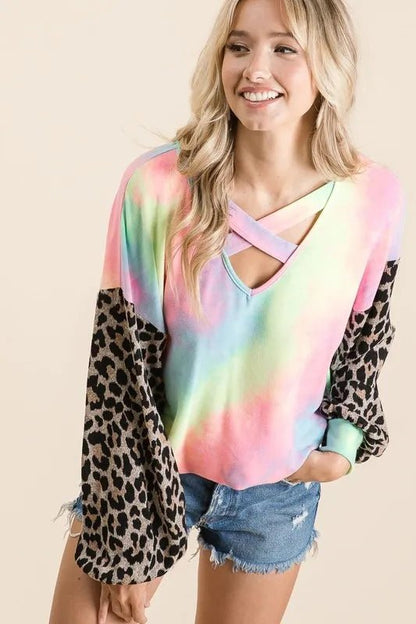 BiBi Tie Dye Terry Top with Leopard Puff Sleeves - Bitsy Gypsy Boutique