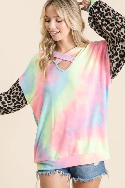 BiBi Tie Dye Terry Top with Leopard Puff Sleeves - Bitsy Gypsy Boutique