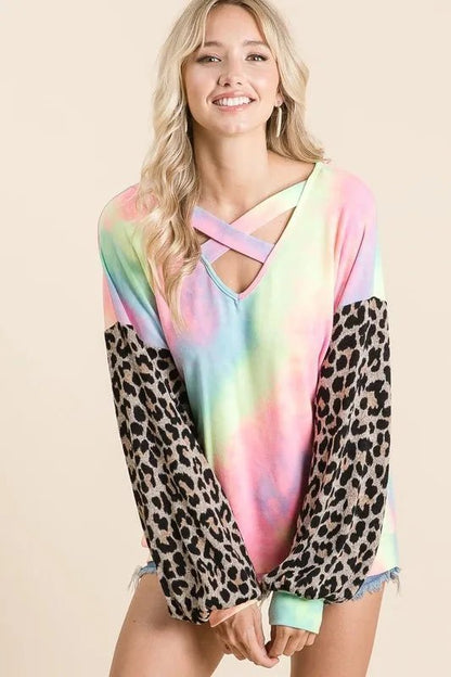 BiBi Tie Dye Terry Top with Leopard Puff Sleeves - Bitsy Gypsy Boutique