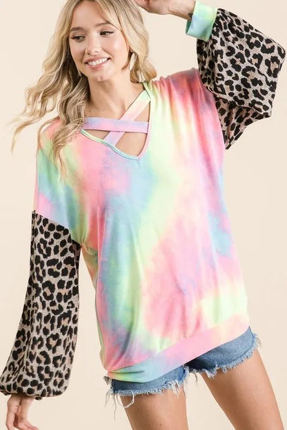 BiBi Tie Dye Terry Top with Leopard Puff Sleeves - Bitsy Gypsy Boutique