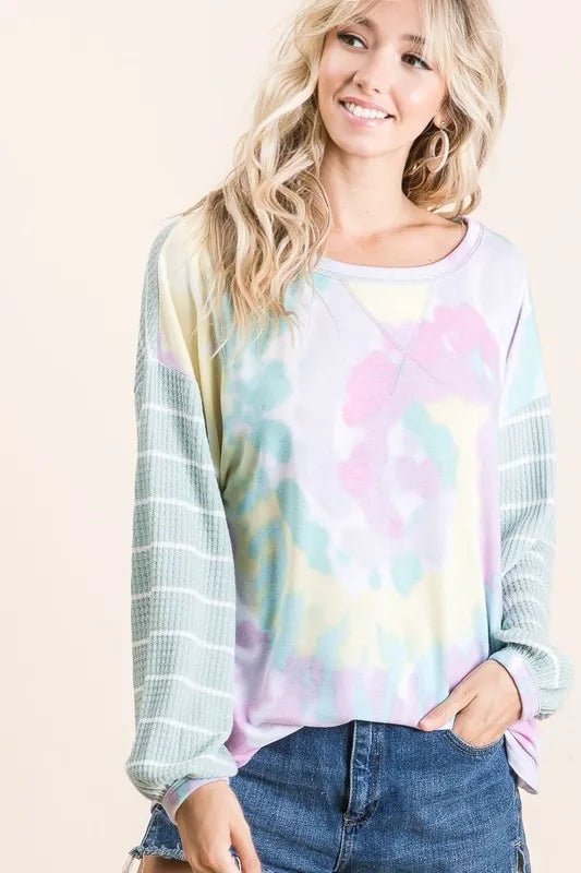 BiBi Tie Dye Terry Top with Wide Stripe Thermal Waffle - Bitsy Gypsy Boutique