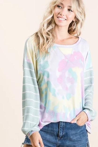 BiBi Tie Dye Terry Top with Wide Stripe Thermal Waffle - Bitsy Gypsy Boutique