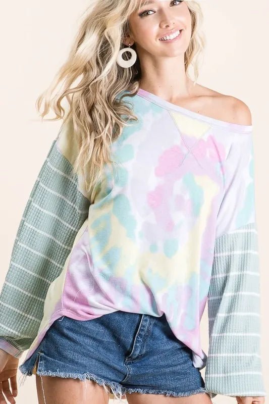 BiBi Tie Dye Terry Top with Wide Stripe Thermal Waffle - Bitsy Gypsy Boutique
