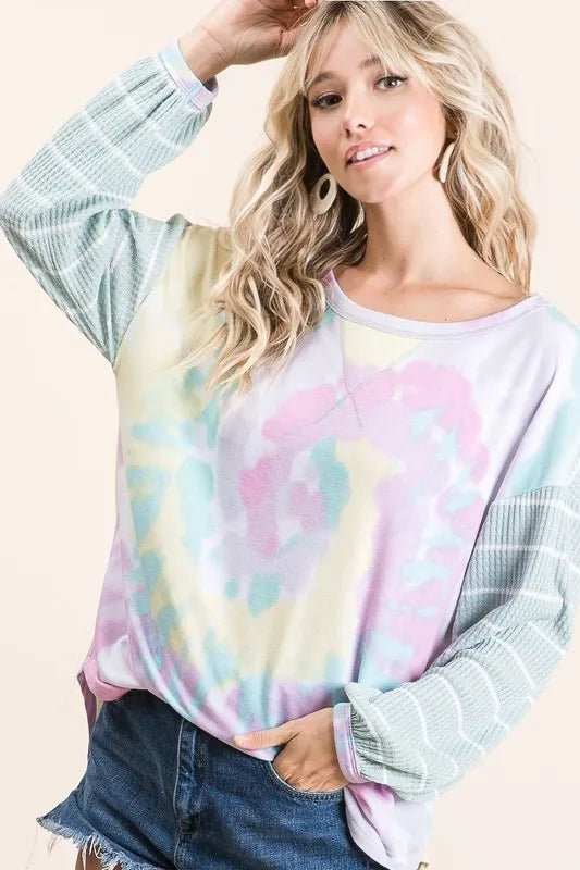 BiBi Tie Dye Terry Top with Wide Stripe Thermal Waffle - Bitsy Gypsy Boutique