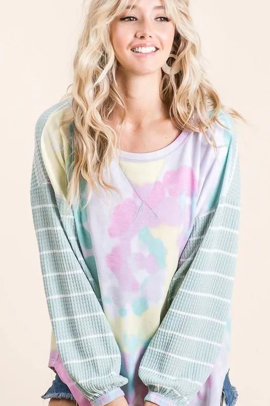 BiBi Tie Dye Terry Top with Wide Stripe Thermal Waffle - Bitsy Gypsy Boutique