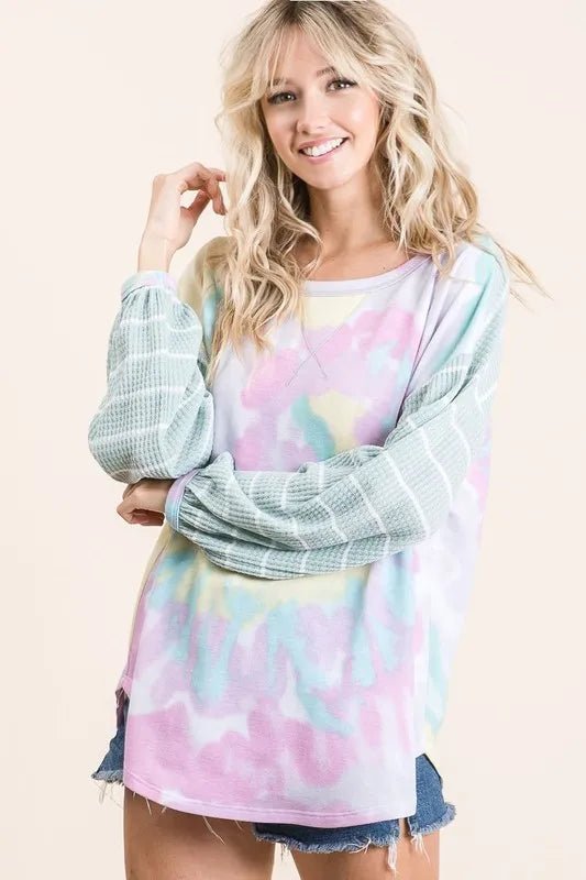 BiBi Tie Dye Terry Top with Wide Stripe Thermal Waffle - Bitsy Gypsy Boutique