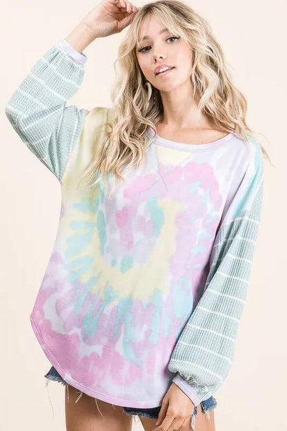 BiBi Tie Dye Terry Top with Wide Stripe Thermal Waffle - Bitsy Gypsy Boutique