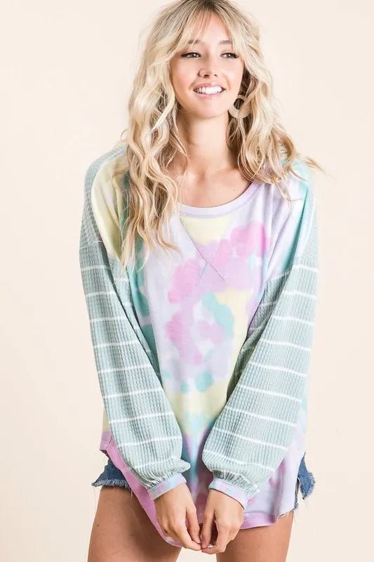 BiBi Tie Dye Terry Top with Wide Stripe Thermal Waffle - Bitsy Gypsy Boutique