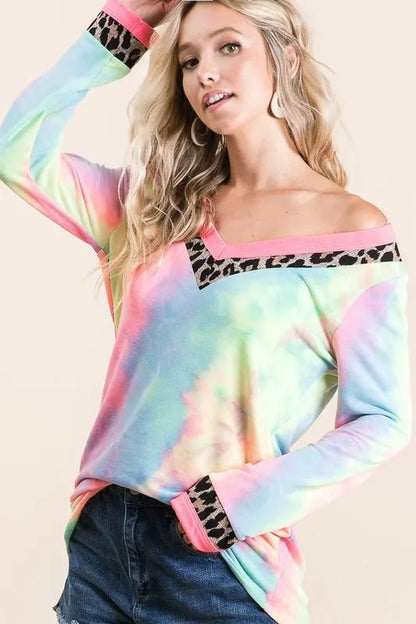 BiBi Tie Dye Terry V - Neck Top - Bitsy Gypsy Boutique