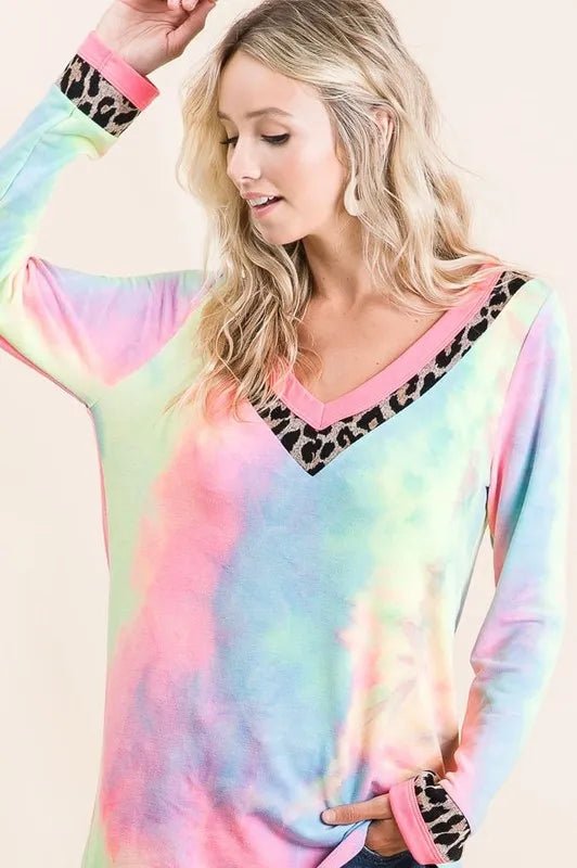 BiBi Tie Dye Terry V - Neck Top - Bitsy Gypsy Boutique