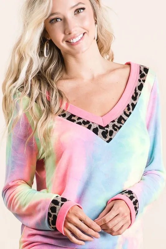 BiBi Tie Dye Terry V - Neck Top - Bitsy Gypsy Boutique