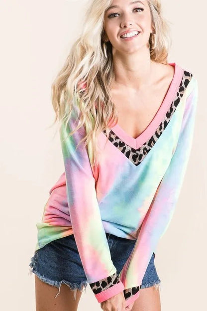 BiBi Tie Dye Terry V - Neck Top - Bitsy Gypsy Boutique