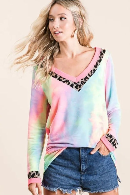 BiBi Tie Dye Terry V - Neck Top - Bitsy Gypsy Boutique