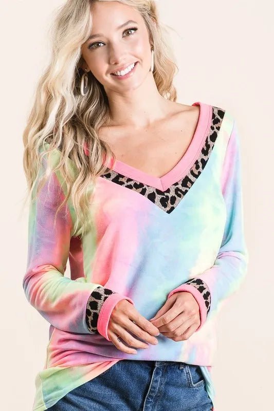 BiBi Tie Dye Terry V - Neck Top - Bitsy Gypsy Boutique