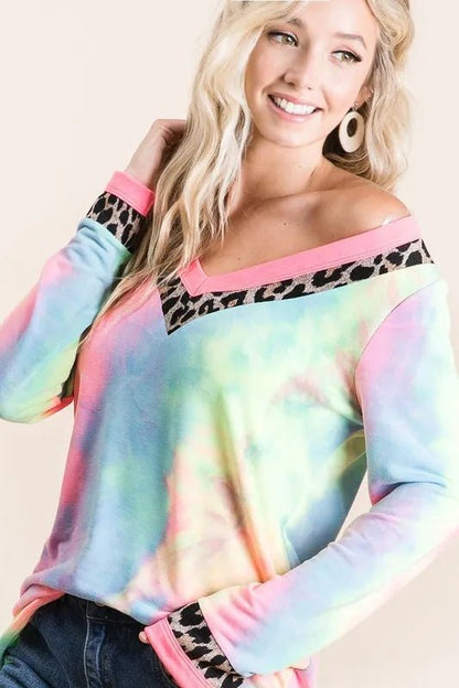 BiBi Tie Dye Terry V - Neck Top - Bitsy Gypsy Boutique