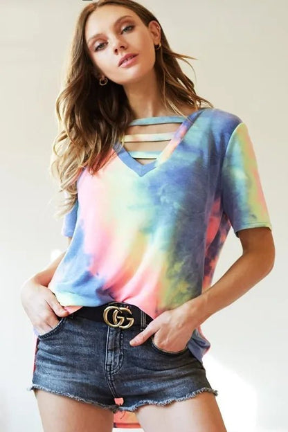 BiBi Tie - Dye V - Neck Short Sleeve T-Shirt - Bitsy Gypsy Boutique