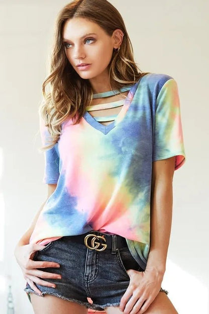BiBi Tie - Dye V - Neck Short Sleeve T-Shirt - Bitsy Gypsy Boutique