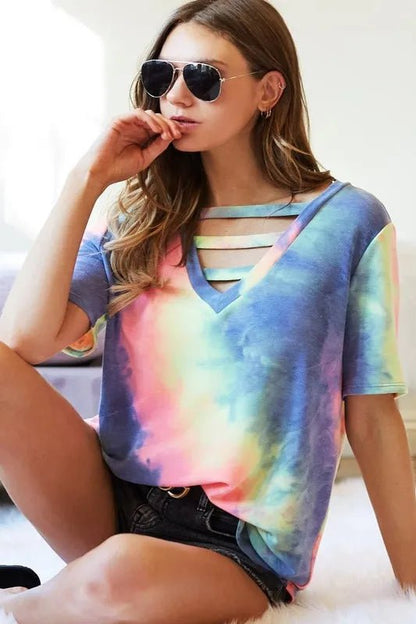 BiBi Tie - Dye V - Neck Short Sleeve T-Shirt - Bitsy Gypsy Boutique