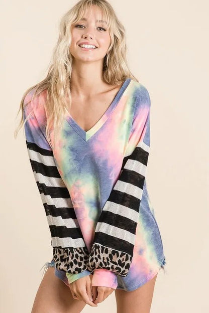BiBi Tie Dye V Neck Top with Stripe Puff Sleeves - Bitsy Gypsy Boutique