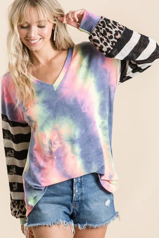 BiBi Tie Dye V Neck Top with Stripe Puff Sleeves - Bitsy Gypsy Boutique