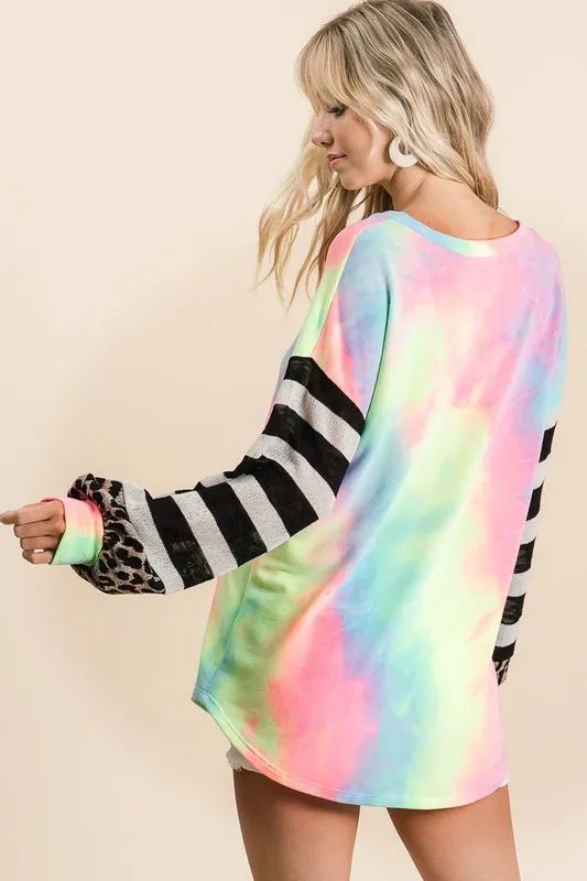 BiBi Tie Dye V Neck Top with Stripe Puff Sleeves - Bitsy Gypsy Boutique