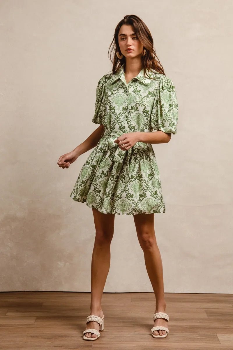 BiBi Tied Floral Short Sleeve Mini Shirt Dress - Bitsy Gypsy Boutique