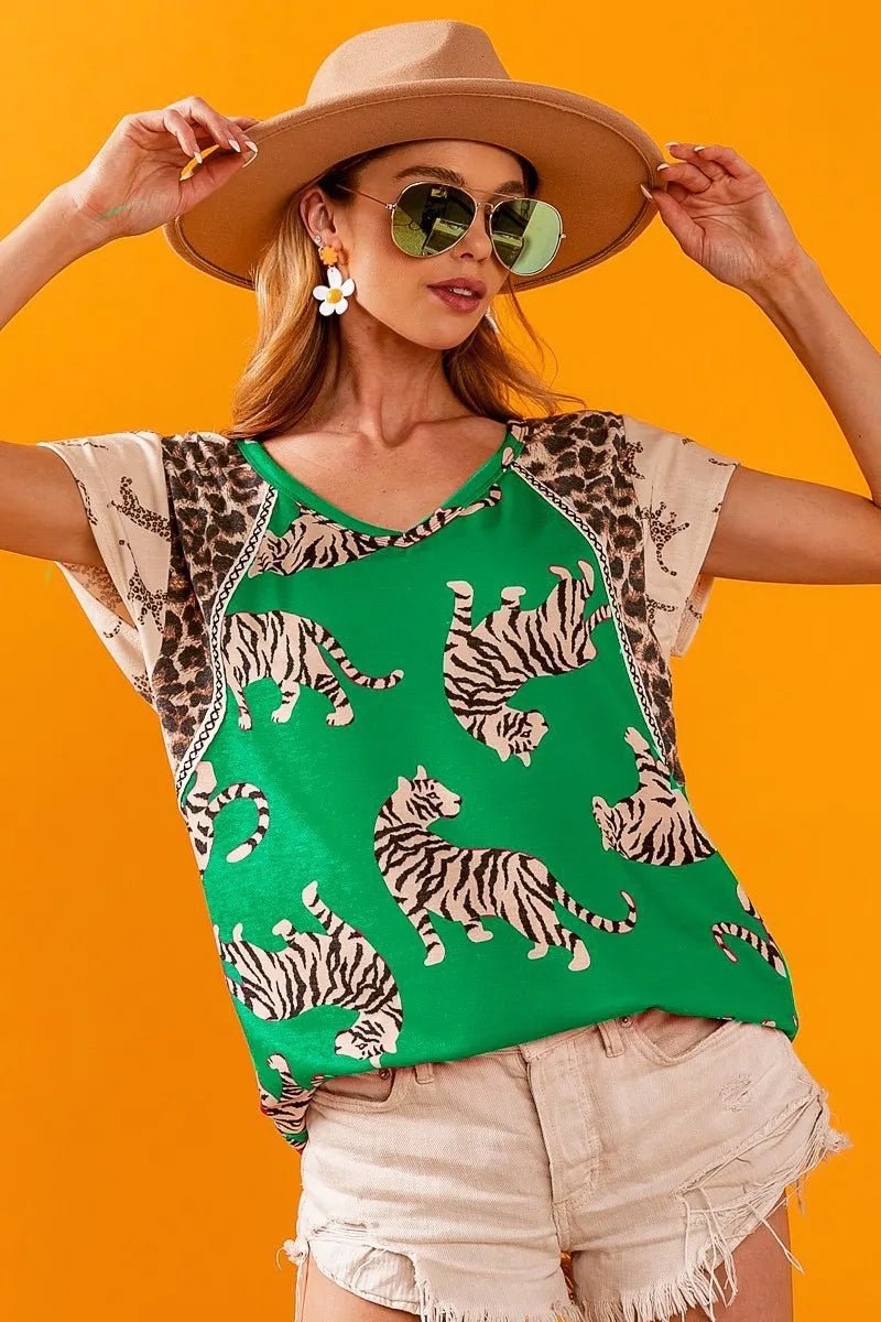 BiBi Tiger Printed Jersey Block T-Shirt with Aztec Trim - Bitsy Gypsy Boutique