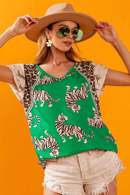 BiBi Tiger Printed Jersey Block T-Shirt with Aztec Trim - Bitsy Gypsy Boutique