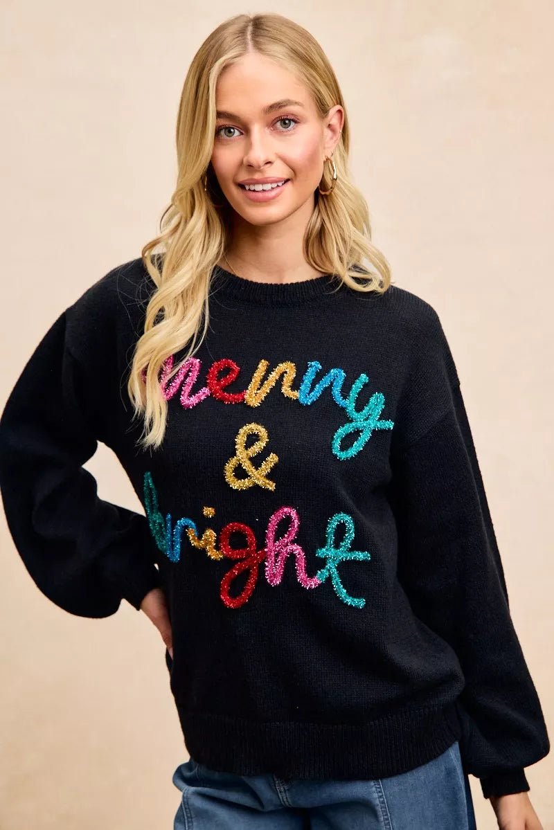 BiBi Tinsel Lettering Christmas Sweater - Bitsy Gypsy Boutique