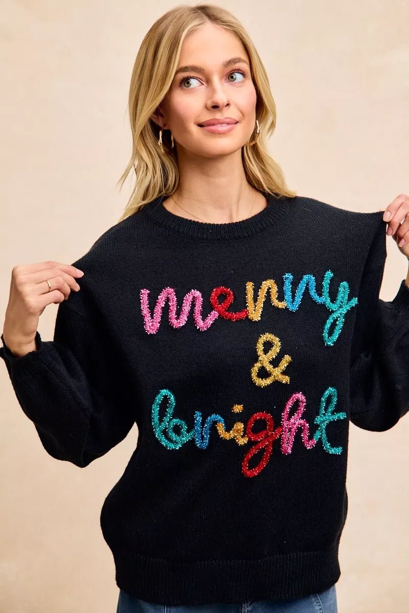 BiBi Tinsel Lettering Christmas Sweater - Bitsy Gypsy Boutique