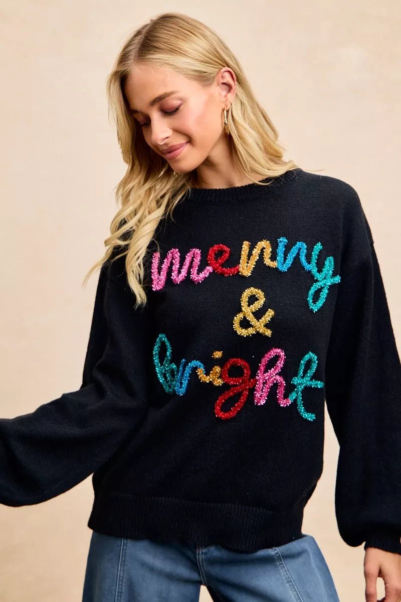 BiBi Tinsel Lettering Christmas Sweater - Bitsy Gypsy Boutique