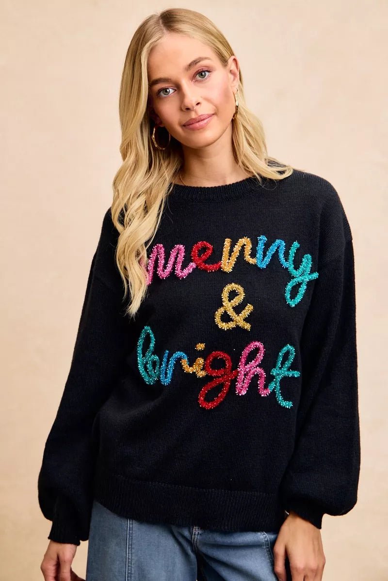 BiBi Tinsel Lettering Christmas Sweater - Bitsy Gypsy Boutique