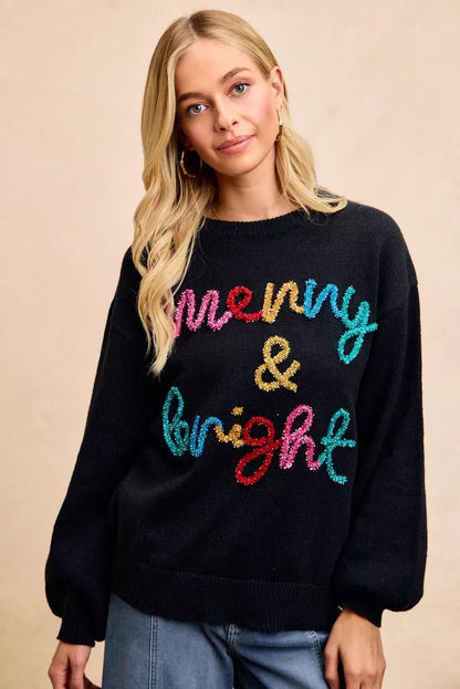 BiBi Tinsel Lettering Christmas Sweater - Bitsy Gypsy Boutique