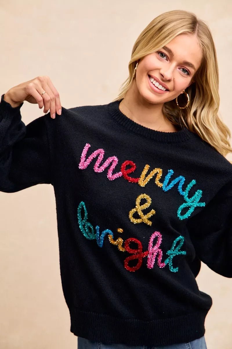BiBi Tinsel Lettering Christmas Sweater - Bitsy Gypsy Boutique