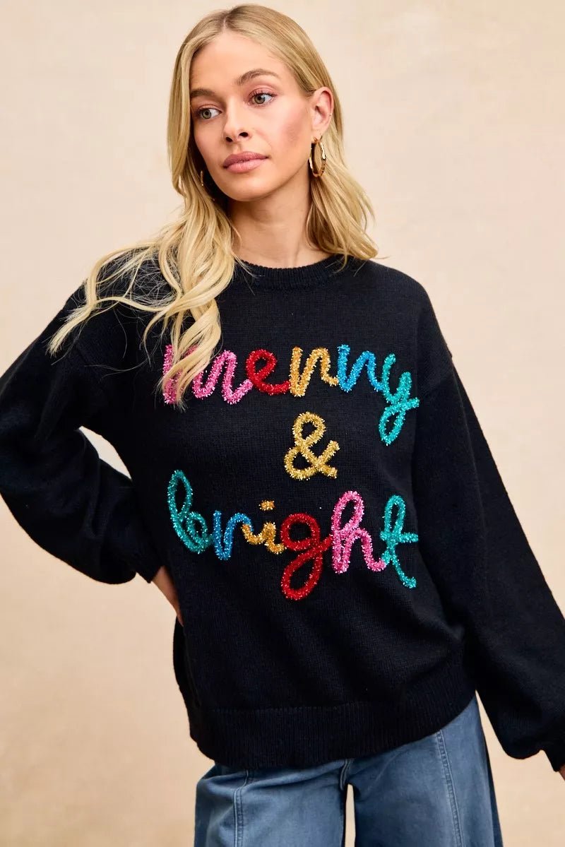 BiBi Tinsel Lettering Christmas Sweater - Bitsy Gypsy Boutique