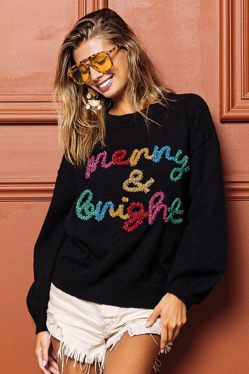 BiBi Tinsel Lettering Christmas Sweater - Bitsy Gypsy Boutique