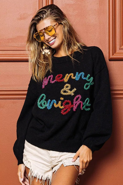BiBi Tinsel Lettering Christmas Sweater - Bitsy Gypsy Boutique