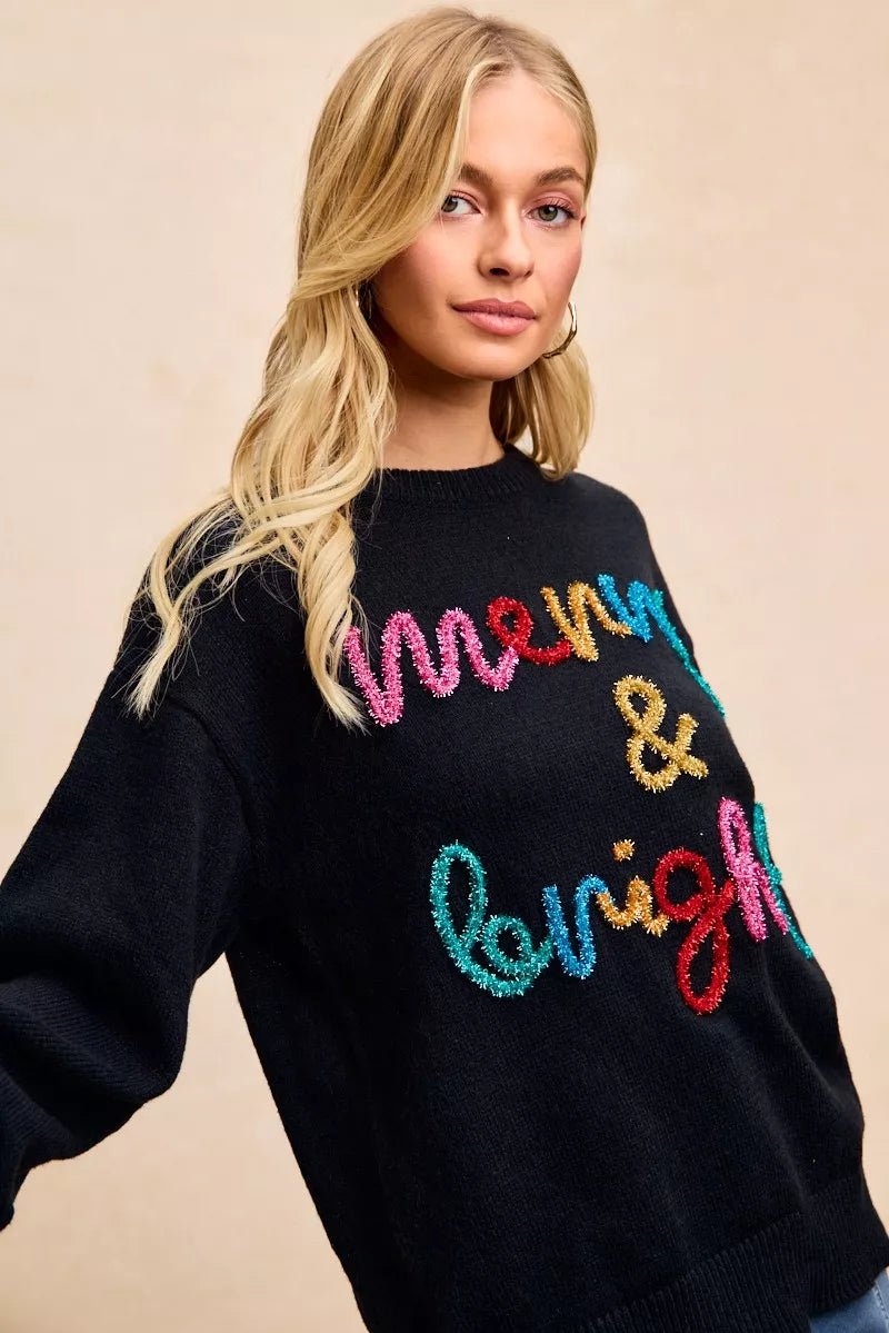 BiBi Tinsel Lettering Christmas Sweater - Bitsy Gypsy Boutique