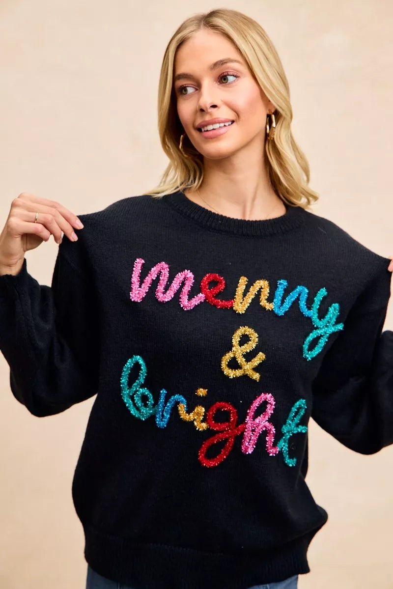 BiBi Tinsel Lettering Christmas Sweater - Bitsy Gypsy Boutique