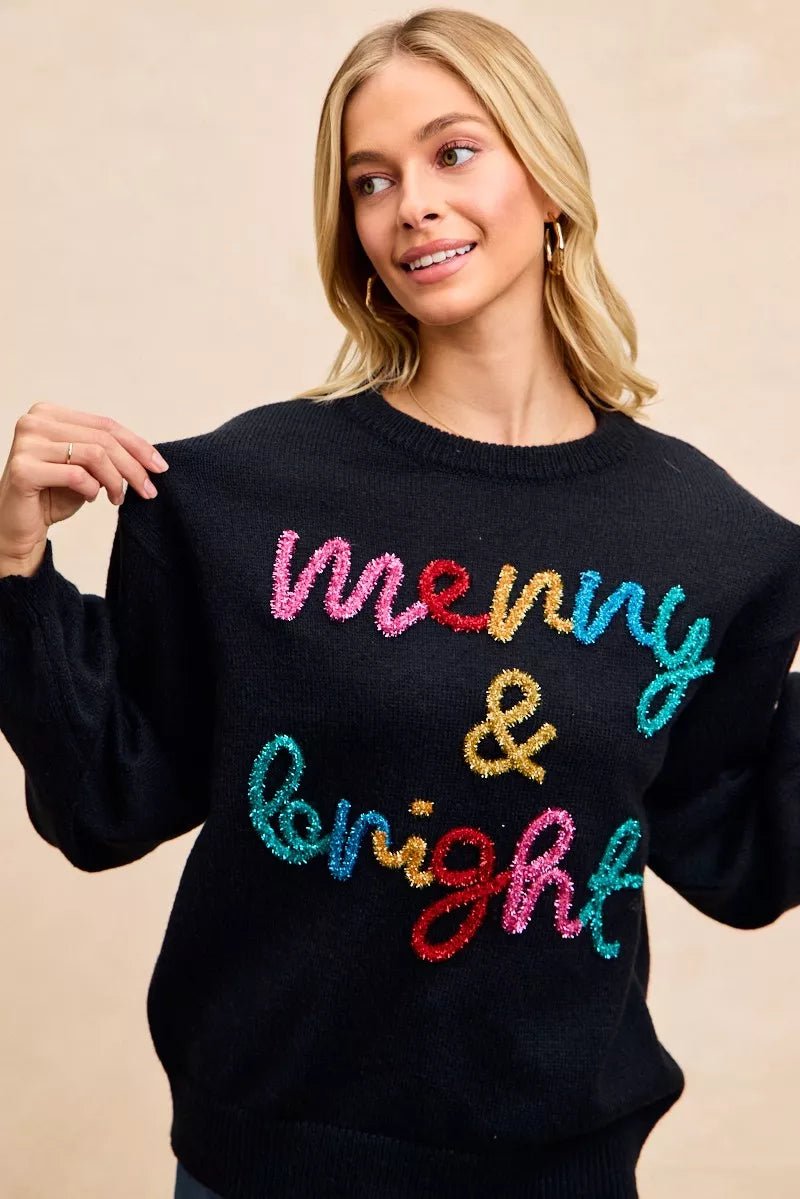BiBi Tinsel Lettering Christmas Sweater - Bitsy Gypsy Boutique