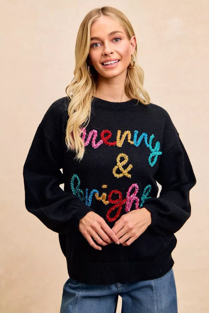 BiBi Tinsel Lettering Christmas Sweater - Bitsy Gypsy Boutique